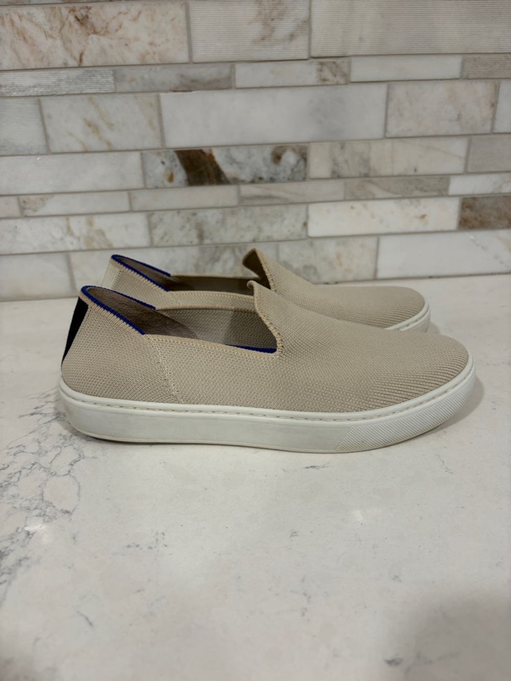 Rothy's Beige Slip-On Canvas Flats Sneakers with Black Heel Tab Womens Sz 5.5